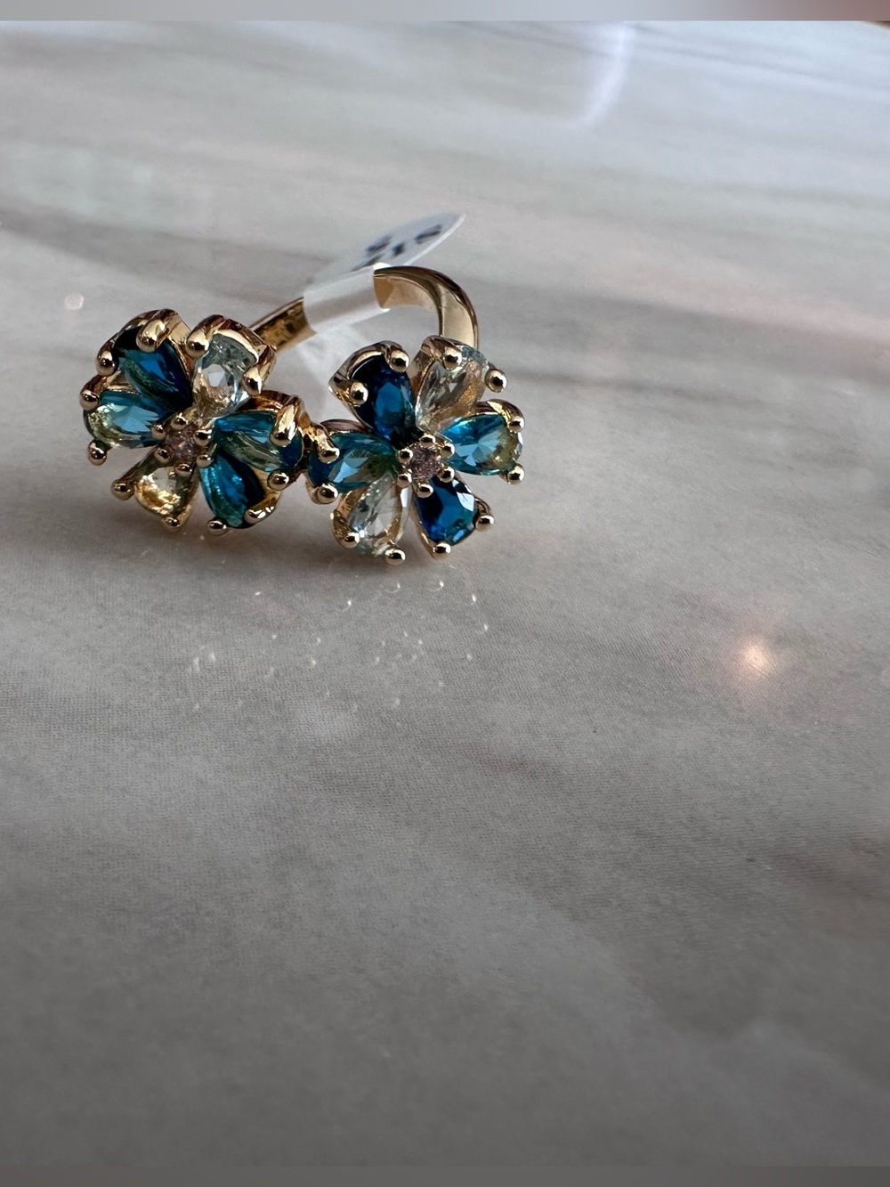Gold Floral Blue Crystal Ring - Women's Jewelry